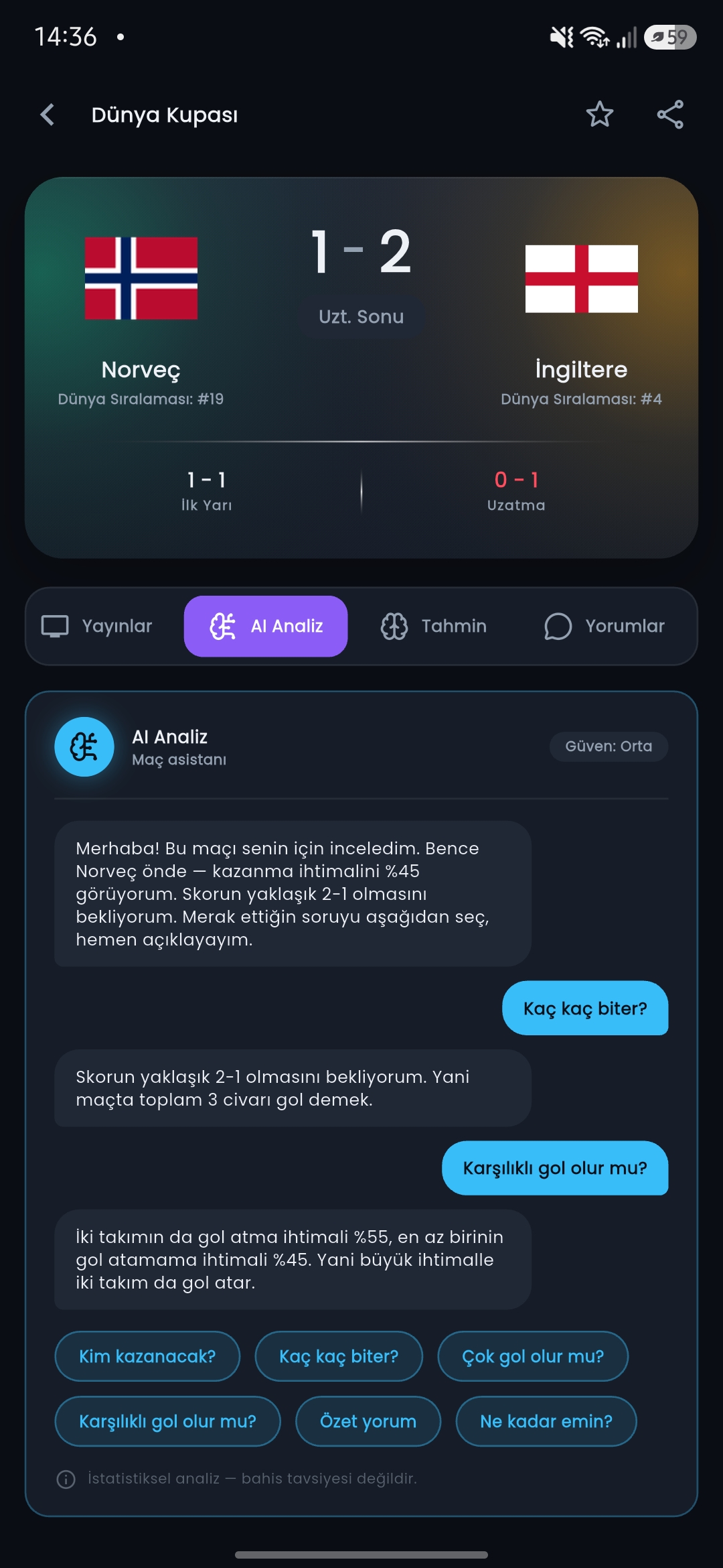 TELE SKOR AI Analiz ekranı